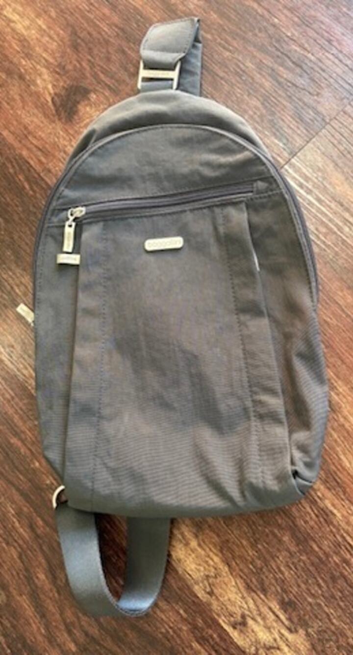 Bagallini Grey Sling Backpack Purse Pink Interior Vertical Crossbody Bag